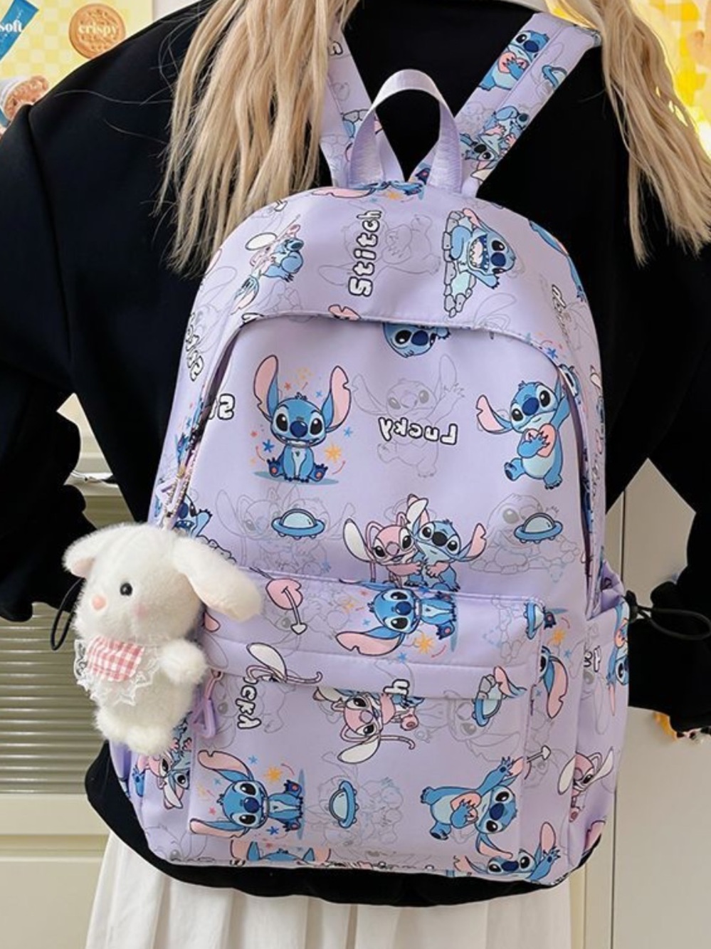 Lilac Cartoon Stitch Kids Backpack with Plush Charm